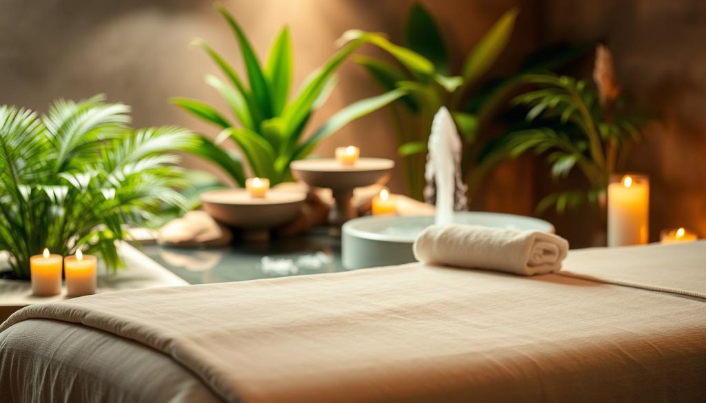 A serene spa environment focuses on the concept of "masaj terapisi," showcasing a beautifully arranged massage room. In the foreground, a massage table is elegantly set with soft, plush linens and neatly placed aromatic candles surrounding it. The middle ground features a gentle, flowing water fountain, creating a soothing auditory backdrop, while lush green plants add a touch of nature, emphasizing a calming atmosphere. The background reveals soft, ambient lighting that bathes the space in warm tones, evoking comfort and relaxation. The composition is peaceful and tranquil, capturing the essence of mental relaxation and sensory balance, reflecting the art of massage therapies aimed at harmony between body and mind, without any human presence in the scene. A serene spa environment focuses on the concept of "masaj terapisi," showcasing a beautifully arranged massage room. In the foreground, a massage table is elegantly set with soft, plush linens and neatly placed aromatic candles surrounding it. The middle ground features a gentle, flowing water fountain, creating a soothing auditory backdrop, while lush green plants add a touch of nature, emphasizing a calming atmosphere. The background reveals soft, ambient lighting that bathes the space in warm tones, evoking comfort and relaxation. The composition is peaceful and tranquil, capturing the essence of mental relaxation and sensory balance, reflecting the art of massage therapies aimed at harmony between body and mind, without any human presence in the scene.