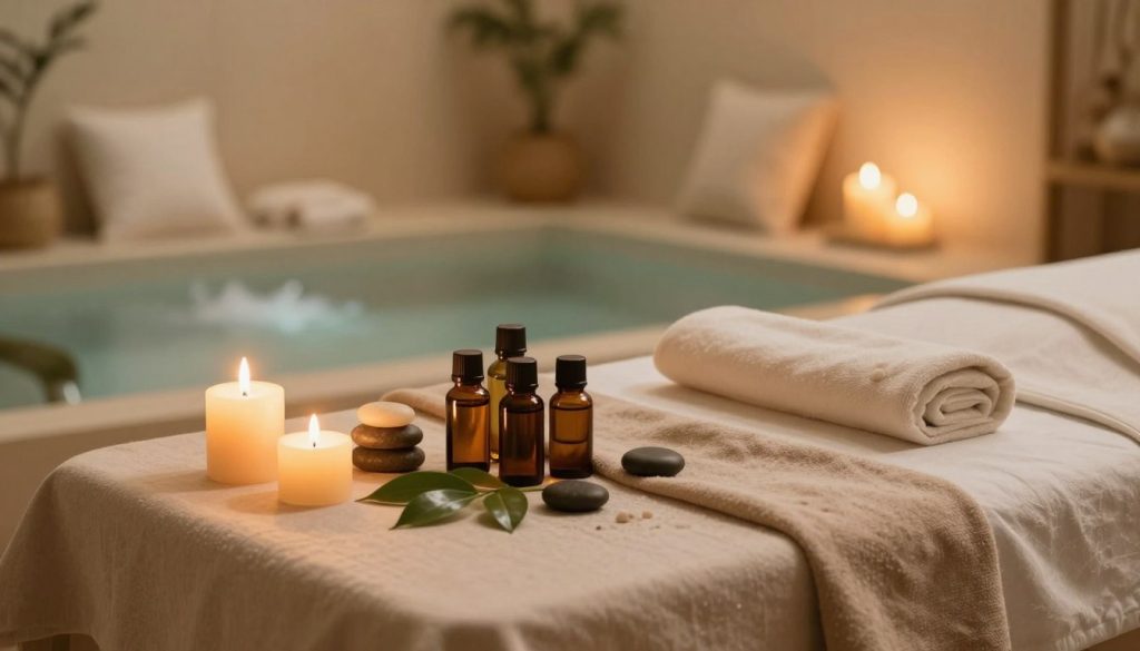 A serene spa environment focusing on lymphatic drainage massage. In the foreground, a table set up for massage therapy with soft, neutral-colored linens. Delicate candles flicker on either side, casting warm, inviting light. In the middle, soft essential oil bottles are arranged artistically, reflecting a calming atmosphere. Subtle botanical elements like green leaves and calming stones provide a natural touch. The background features a tranquil room with soothing water colors, gently bubbling fountains, and plush cushions enhancing relaxation. The overall mood is peaceful and rejuvenating, echoing a sense of detox and lightness. The lighting should be soft and diffused, as if during golden hour, to evoke warmth and comfort, emphasizing a therapeutic experience.