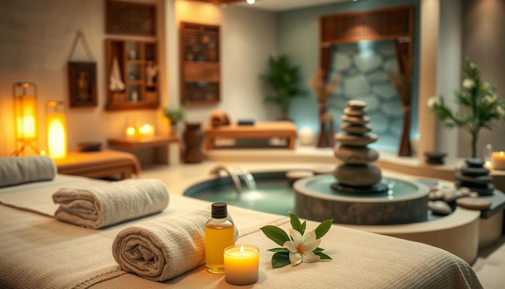 A serene spa environment in Istanbul, showcasing a variety of massage techniques in an elegant, tranquil setting. In the foreground, a beautifully arranged treatment table with fresh towels and aromatic oils, hinting at different types of massages like Swedish and Thai. The middle ground features a soothing water fountain and a selection of natural stones used for hot stone therapy, surrounded by delicate plants. In the background, soft, ambient lighting casts a warm glow over wooden decor and traditional Turkish elements, creating a calming atmosphere. The mood is peaceful and inviting, emphasizing relaxation and wellness. The scene is set with a shallow depth of field to focus on the massage elements while maintaining a soft bokeh effect in the background. A serene spa environment in Istanbul, showcasing a variety of massage techniques in an elegant, tranquil setting. In the foreground, a beautifully arranged treatment table with fresh towels and aromatic oils, hinting at different types of massages like Swedish and Thai. The middle ground features a soothing water fountain and a selection of natural stones used for hot stone therapy, surrounded by delicate plants. In the background, soft, ambient lighting casts a warm glow over wooden decor and traditional Turkish elements, creating a calming atmosphere. The mood is peaceful and inviting, emphasizing relaxation and wellness. The scene is set with a shallow depth of field to focus on the massage elements while maintaining a soft bokeh effect in the background.