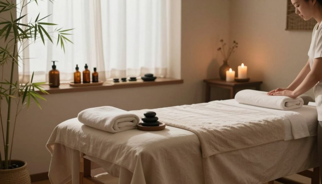 A serene spa environment showcasing a massage therapy room, featuring a comfortable massage table draped with soft, neutral-colored linens. The foreground includes natural elements such as bamboo plants and scented candles casting a soft, warm glow. In the middle, shelves display soothing oils and stones arranged neatly, creating an inviting atmosphere. The background reveals an elegant window with gentle sunlight filtering through sheer curtains, illuminating the space. The color palette should consist of calming earth tones, enhancing the peaceful ambiance. Emphasize a sense of tranquility and relaxation, suitable for a professional massage therapy setting, evoking the rejuvenating effects of various massage techniques, like Swedish and deep tissue therapy.