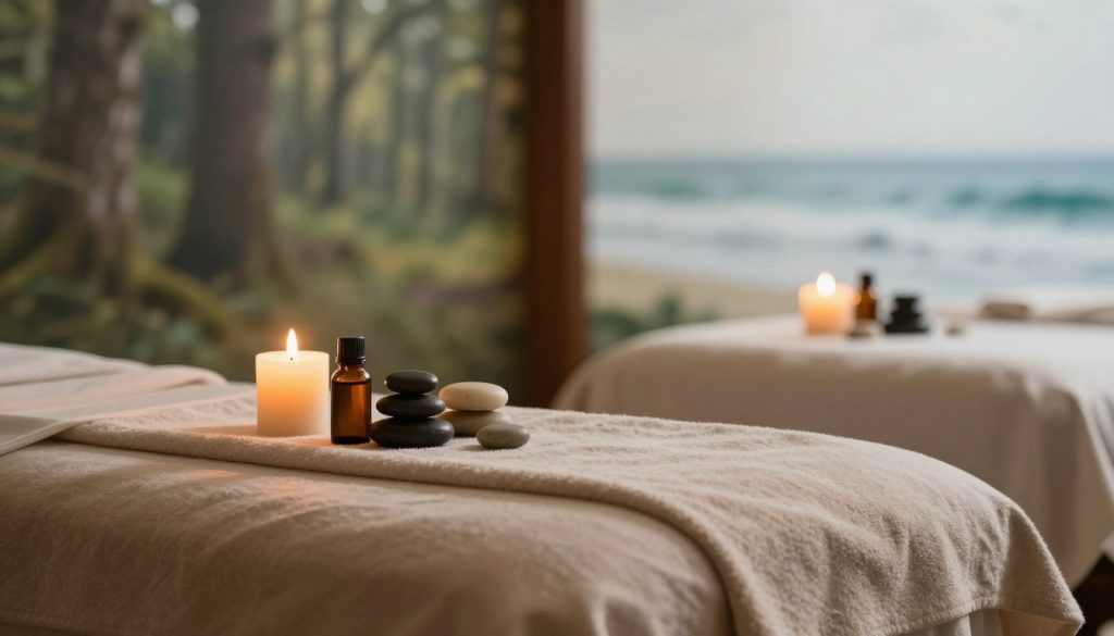 A serene spa environment showcasing a massage therapy setup. In the foreground, an elegantly arranged massage table with soft, neutral-toned linens. On either side, aromatic candles emit a warm, inviting glow, enhancing the tranquil atmosphere. In the middle, essential oils and smooth stones are artfully displayed, symbolizing different massage techniques. The background features soft, blurred images of calming nature, such as a tranquil forest or gentle ocean waves, conveying peace and relaxation. The lighting is warm and soft, creating an inviting ambiance that emphasizes wellness and rejuvenation. The overall mood should feel calm, harmonious, and professional, encapsulating the essence of personalized massage therapy without any human figures or textual elements. A serene spa environment showcasing a massage therapy setup. In the foreground, an elegantly arranged massage table with soft, neutral-toned linens. On either side, aromatic candles emit a warm, inviting glow, enhancing the tranquil atmosphere. In the middle, essential oils and smooth stones are artfully displayed, symbolizing different massage techniques. The background features soft, blurred images of calming nature, such as a tranquil forest or gentle ocean waves, conveying peace and relaxation. The lighting is warm and soft, creating an inviting ambiance that emphasizes wellness and rejuvenation. The overall mood should feel calm, harmonious, and professional, encapsulating the essence of personalized massage therapy without any human figures or textual elements.