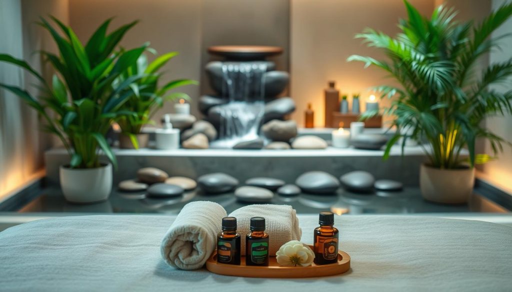 A serene spa environment showcasing relaxation techniques. In the foreground, a beautifully arranged massage table with soft, fluffy towels and essential oils, set in soothing, muted tones. In the middle ground, an elegant indoor waterfall cascading into calming stones, surrounded by lush green plants that promote tranquility. The background features soft, diffused lighting that creates a warm ambiance, highlighting a small, neatly organized assortment of spa tools and aromatherapy products. The scene exudes a sense of peace and wellness, inviting viewers to experience the comforting benefits of massage and spa therapies in a serene atmosphere. Soft, ambient lighting gently illuminates the entire space, enhancing the overall feeling of relaxation and rejuvenation. A serene spa environment showcasing relaxation techniques. In the foreground, a beautifully arranged massage table with soft, fluffy towels and essential oils, set in soothing, muted tones. In the middle ground, an elegant indoor waterfall cascading into calming stones, surrounded by lush green plants that promote tranquility. The background features soft, diffused lighting that creates a warm ambiance, highlighting a small, neatly organized assortment of spa tools and aromatherapy products. The scene exudes a sense of peace and wellness, inviting viewers to experience the comforting benefits of massage and spa therapies in a serene atmosphere. Soft, ambient lighting gently illuminates the entire space, enhancing the overall feeling of relaxation and rejuvenation.