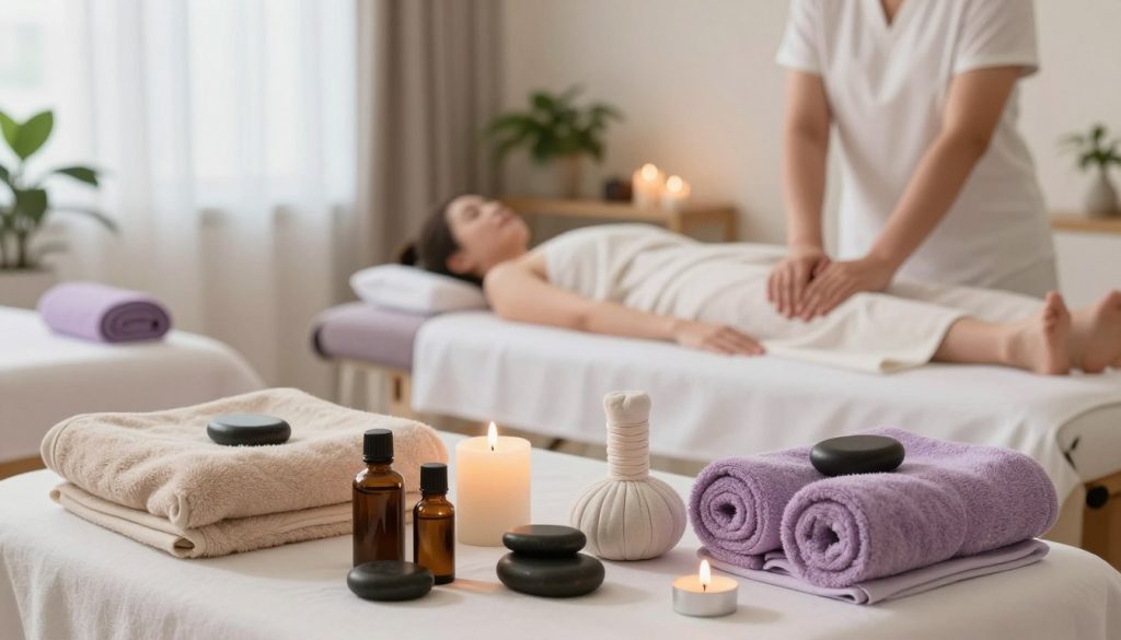 A serene spa environment showcasing various types of massage techniques. In the foreground, a beautifully arranged set of massage equipment, including essential oils, hot stones, and towels in soft, calming colors like beige and lavender. The middle ground features a massage table draped in a clean white sheet, surrounded by soothing candles and plants, creating a tranquil atmosphere. In the background, a well-lit room with soft, natural light filtering through sheer curtains. The overall mood is peaceful and inviting, emphasizing relaxation and wellness. The composition should convey a sense of harmony, with an emphasis on the art of massage therapy, ideal for illustrating diverse techniques without any human presence.
