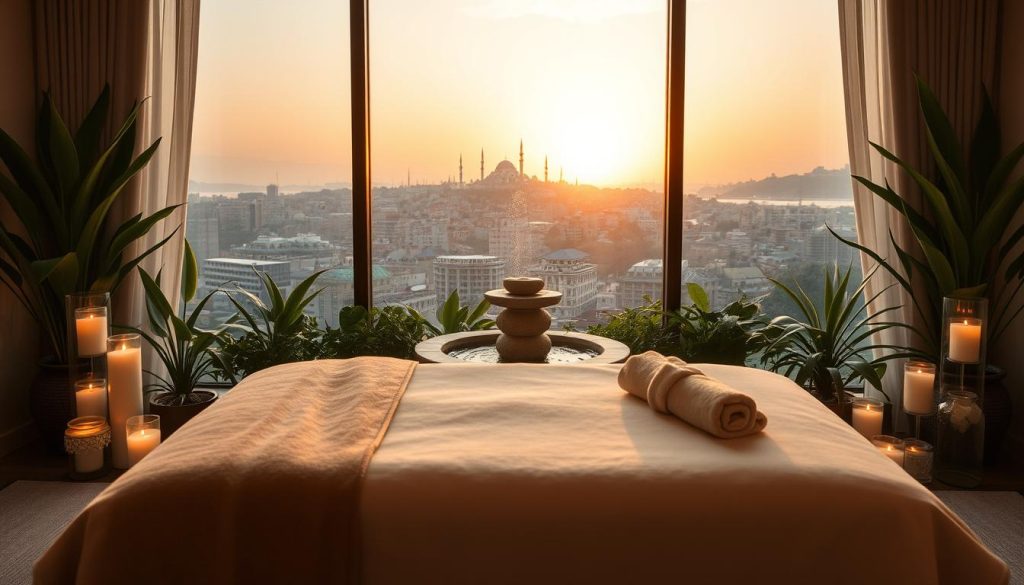 A serene spa experience set in a luxurious Istanbul setting, showcasing the essence of "Avrupa Yakası spa deneyimi". In the foreground, a beautifully arranged massage table adorned with soft, neutral-toned linens, surrounded by delicate candles casting a warm glow. The middle layer features lush green plants and calming water elements, such as a small stone fountain, enhancing the tranquil atmosphere. In the background, large windows reveal a picturesque view of the Istanbul skyline under a soothing sunset, with soft, diffused lighting filtering in. The composition reflects relaxation, luxury, and sophistication, evoking a sense of peaceful retreat. The image should be well-composed with a soft focus, inviting viewers into this oasis of calm without any human subjects or text.