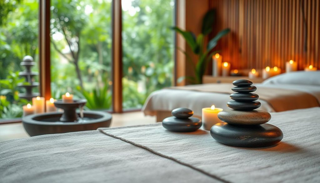 A serene spa interior showcasing a "hot stone therapy" experience. In the foreground, a beautifully arranged stone massage set rests on a soft, textured linen. The middle ground features a calming treatment room adorned with warm wooden accents and flickering candles, casting a gentle glow. A small indoor water fountain adds a tranquil sound element, enhancing the atmosphere. The background displays lush greenery through a large window, bringing the outside world into the peaceful space. Soft, ambient lighting creates a warm and inviting mood. The composition is viewed from a slightly elevated angle, capturing the essence of relaxation and the soothing nature of therapeutic massage in Istanbul. The image is rich in detail, emphasizing serenity and wellness without human subjects.