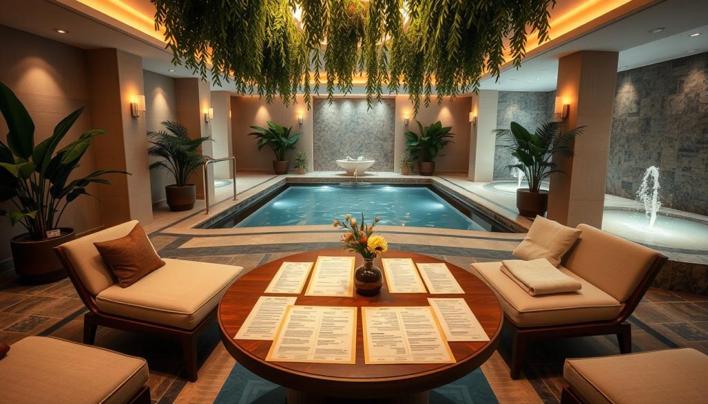 A serene spa interior with plush lounge chairs, soft lighting, and elegant decor. Lush greenery and tranquil water features create a calming ambiance. The focal point is a centrally placed table displaying an array of spa treatment menus and pricing information, conveying the essence of "Güncel Fiyatlar ve Paket Örnekleri: Ekonomikten Lükse İstanbul Spa Haritası". The scene is captured with a wide-angle lens, emphasizing the spaciousness and harmony of the space. Warm, diffused lighting sets a relaxing tone, inviting the viewer to imagine the rejuvenating experience.