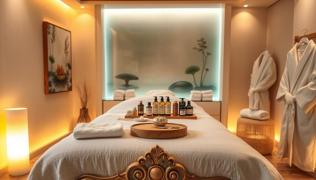 A serene spa interior with warm ambient lighting, featuring an ornate massage table draped in soft linens. On the table, an array of massage oils, lotions, and tools are neatly arranged, hinting at the skilled techniques to be employed. The walls are adorned with soothing nature-inspired artwork, creating a tranquil, zen-like atmosphere. Plush towels and luxurious robes are displayed, inviting the viewer to indulge in a rejuvenating experience. The scene conveys a sense of harmony, comfort, and the expertise of the skilled masseuse. A serene spa interior with warm ambient lighting, featuring an ornate massage table draped in soft linens. On the table, an array of massage oils, lotions, and tools are neatly arranged, hinting at the skilled techniques to be employed. The walls are adorned with soothing nature-inspired artwork, creating a tranquil, zen-like atmosphere. Plush towels and luxurious robes are displayed, inviting the viewer to indulge in a rejuvenating experience. The scene conveys a sense of harmony, comfort, and the expertise of the skilled masseuse.