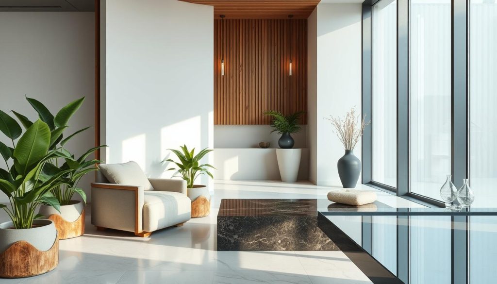 A serene, spa-like environment with a focus on customer experience and personalization. Soft, natural lighting illuminates a minimalist, yet luxurious interior featuring plush, oversized seating, natural wood accents, and verdant potted plants. Elegant glass and stone surfaces create a calming, zen-like atmosphere. The scene evokes a sense of relaxation and rejuvenation, with the attention to detail and personalized touches suggesting a high-end, boutique spa experience tailored to the individual.