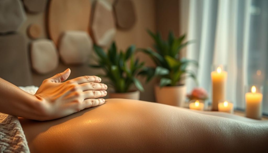 A serene, spa-like scene showcasing the therapeutic effects of massage. In the foreground, delicate hands kneading tense muscles, releasing built-up stress. The middle ground features a soothing, dimly lit interior with plush, earthy tones, creating a calming ambiance. In the background, potted plants and natural elements evoke a sense of tranquility and wellness. Soft, diffused lighting from scented candles casts a warm, relaxing glow, while a tranquil soundtrack plays in the distance. The overall composition conveys the holistic, restorative power of massage on physical and mental well-being.