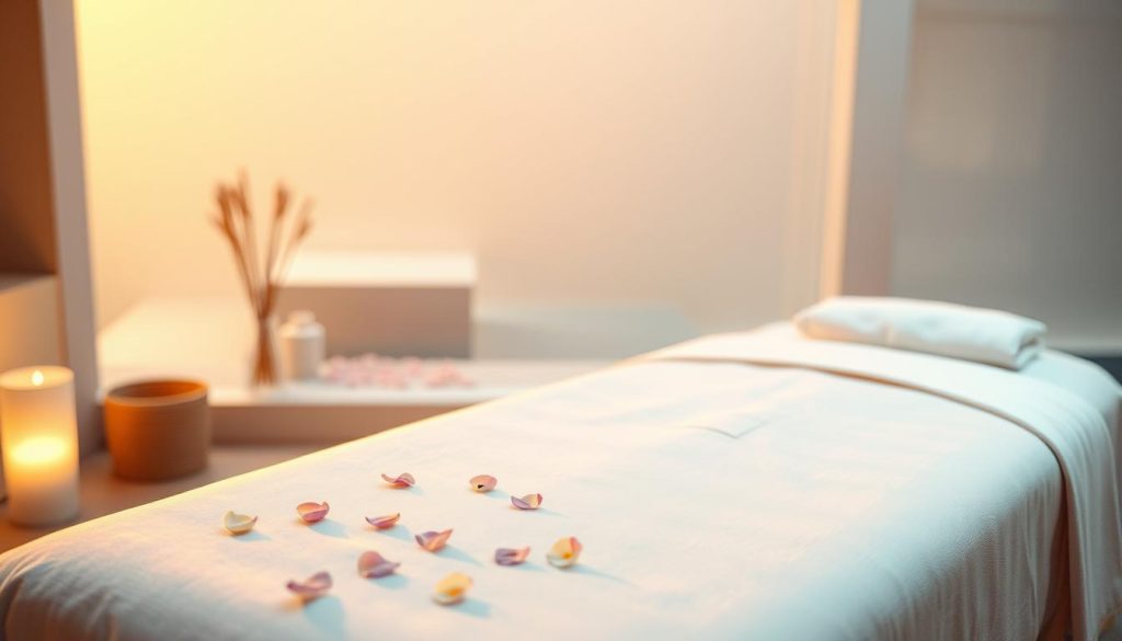 A serene spa-like setting, bathed in soft, warm lighting. The foreground showcases an ornate massage table draped in luxurious linens, inviting the viewer to imagine the tranquility of a routine massage. In the middle ground, delicate flower petals are scattered, adding a touch of natural beauty. The background features a tranquil, minimalist landscape, perhaps with a soothing waterfall or gentle foliage, creating a sense of peaceful escapism. The overall mood is one of relaxation, restoration, and the importance of self-care through the ritual of regular massage therapy.