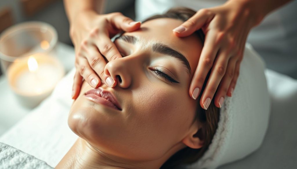 A serene, spa-like setting featuring a close-up view of a woman's hands delicately massaging the face of another woman, with a soft, diffused lighting creating an atmosphere of tranquility and relaxation. The massage techniques are demonstrated in detail, with the masseuse's fingers gently kneading and gliding across the client's skin, promoting an even skin tone and radiant complexion. The background is blurred, allowing the focus to remain on the massage techniques, conveying the importance of this therapeutic practice in achieving a natural, luminous glow. A serene, spa-like setting featuring a close-up view of a woman's hands delicately massaging the face of another woman, with a soft, diffused lighting creating an atmosphere of tranquility and relaxation. The massage techniques are demonstrated in detail, with the masseuse's fingers gently kneading and gliding across the client's skin, promoting an even skin tone and radiant complexion. The background is blurred, allowing the focus to remain on the massage techniques, conveying the importance of this therapeutic practice in achieving a natural, luminous glow.