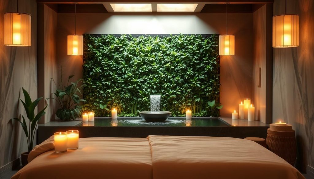 A serene, spa-like setting with a cozy, soft-lit ambiance. A plush, inviting massage table is positioned in the foreground, adorned with crisp, white linens and an array of soothing aromatherapy candles. The middle ground features a tranquil water feature, its gentle sounds evoking a sense of calm. In the background, a lush, verdant plant wall creates a natural, rejuvenating atmosphere. Soft, diffused lighting from overhead fixtures casts a warm, relaxing glow throughout the scene. The overall mood is one of peaceful, restorative tranquility, perfectly suited for a personalized, rejuvenating massage experience.