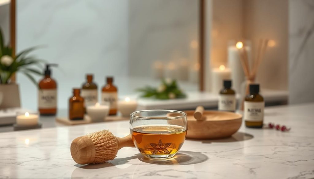 A serene spa-like setting with a luxurious marble countertop and an assortment of natural skincare products. In the foreground, a wooden brush and a glass bowl filled with fragrant essential oils set the stage for a pampering anti-cellulite massage and body scrub. Soft, diffused lighting creates a warm, relaxing atmosphere, accentuating the smooth, polished textures of the scene. The middle ground features a modern, minimalist design with clean lines and neutral tones, allowing the focus to remain on the beauty and wellness rituals taking place. The background subtly fades into a soft, hazy backdrop, enhancing the tranquil and rejuvenating ambiance. A serene spa-like setting with a luxurious marble countertop and an assortment of natural skincare products. In the foreground, a wooden brush and a glass bowl filled with fragrant essential oils set the stage for a pampering anti-cellulite massage and body scrub. Soft, diffused lighting creates a warm, relaxing atmosphere, accentuating the smooth, polished textures of the scene. The middle ground features a modern, minimalist design with clean lines and neutral tones, allowing the focus to remain on the beauty and wellness rituals taking place. The background subtly fades into a soft, hazy backdrop, enhancing the tranquil and rejuvenating ambiance.