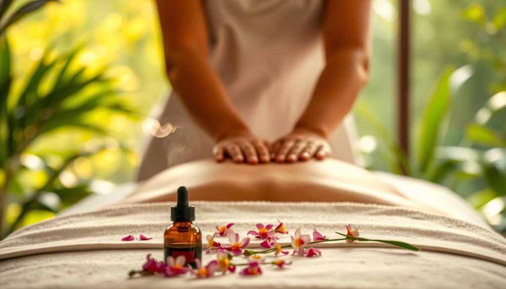 A serene spa-like setting with a massage table in the foreground, surrounded by lush greenery and warm natural lighting. Delicate wisps of steam gently rise, creating a calming ambiance. The table's surface is adorned with soothing essential oils and a scatter of fresh flowers, inviting relaxation. In the middle ground, a masseuse's hands perform long, flowing strokes, radiating a sense of therapeutic touch. The background blurs into a tranquil, nature-inspired backdrop, emphasizing the holistic, restorative benefits of physical massage. A serene spa-like setting with a massage table in the foreground, surrounded by lush greenery and warm natural lighting. Delicate wisps of steam gently rise, creating a calming ambiance. The table's surface is adorned with soothing essential oils and a scatter of fresh flowers, inviting relaxation. In the middle ground, a masseuse's hands perform long, flowing strokes, radiating a sense of therapeutic touch. The background blurs into a tranquil, nature-inspired backdrop, emphasizing the holistic, restorative benefits of physical massage.
