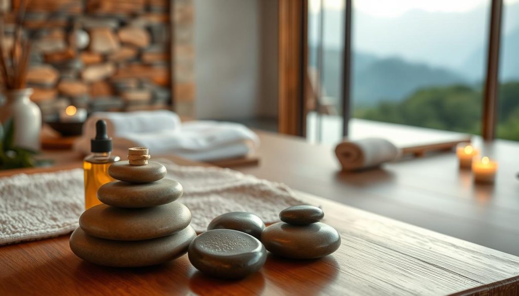 A serene spa-like setting, with a soft, warm lighting that creates a calming atmosphere. In the foreground, an array of relaxing massage tools and accessories, such as smooth river stones, fragrant essential oils, and plush towels, neatly arranged on a wooden table. The middle ground features a tranquil, minimalist background, with soothing colors and natural textures, like a stone wall or bamboo panels, evoking a sense of zen-like relaxation. The background blends seamlessly into a hazy, out-of-focus landscape, suggesting a peaceful, secluded environment away from the stresses of everyday life. The overall composition conveys a sense of harmony, balance, and the restorative power of massage and spa therapies. A serene spa-like setting, with a soft, warm lighting that creates a calming atmosphere. In the foreground, an array of relaxing massage tools and accessories, such as smooth river stones, fragrant essential oils, and plush towels, neatly arranged on a wooden table. The middle ground features a tranquil, minimalist background, with soothing colors and natural textures, like a stone wall or bamboo panels, evoking a sense of zen-like relaxation. The background blends seamlessly into a hazy, out-of-focus landscape, suggesting a peaceful, secluded environment away from the stresses of everyday life. The overall composition conveys a sense of harmony, balance, and the restorative power of massage and spa therapies.