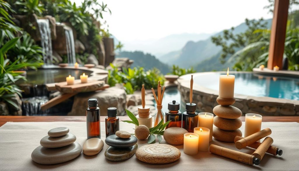 A serene spa-like setting with an array of natural elements, including lush greenery, a cascading waterfall, and a tranquil pool. The lighting is soft and diffused, creating a calming atmosphere. In the foreground, a collection of smooth river stones, essential oils, and aromatherapy candles are artfully arranged, evoking a sense of relaxation and rejuvenation. The middle ground features a delicate display of various massage tools, such as bamboo sticks, jade stones, and rolling pins, hinting at the hidden benefits of this ancient practice. The background showcases a panoramic view of a serene mountain landscape, further enhancing the sense of peace and balance. A serene spa-like setting with an array of natural elements, including lush greenery, a cascading waterfall, and a tranquil pool. The lighting is soft and diffused, creating a calming atmosphere. In the foreground, a collection of smooth river stones, essential oils, and aromatherapy candles are artfully arranged, evoking a sense of relaxation and rejuvenation. The middle ground features a delicate display of various massage tools, such as bamboo sticks, jade stones, and rolling pins, hinting at the hidden benefits of this ancient practice. The background showcases a panoramic view of a serene mountain landscape, further enhancing the sense of peace and balance.