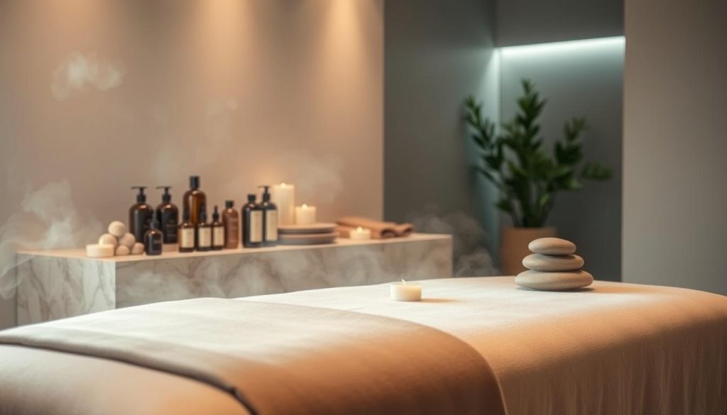 A serene spa-like setting with soft, diffused lighting and a calming, minimalist aesthetic. The foreground features a massage table draped in plush, luxurious fabrics in muted earth tones. Gentle steam or mist swirls around the table, creating a sense of tranquility. In the middle ground, a collection of massage oils, lotions, and natural elements like river stones and bamboo accents suggest the relaxing, holistic nature of the services offered. The background showcases a soothing, spa-like ambiance with neutral-toned walls, soft lighting, and a hint of greenery, conveying a sanctuary of wellness and rejuvenation for weary travelers. A serene spa-like setting with soft, diffused lighting and a calming, minimalist aesthetic. The foreground features a massage table draped in plush, luxurious fabrics in muted earth tones. Gentle steam or mist swirls around the table, creating a sense of tranquility. In the middle ground, a collection of massage oils, lotions, and natural elements like river stones and bamboo accents suggest the relaxing, holistic nature of the services offered. The background showcases a soothing, spa-like ambiance with neutral-toned walls, soft lighting, and a hint of greenery, conveying a sanctuary of wellness and rejuvenation for weary travelers.