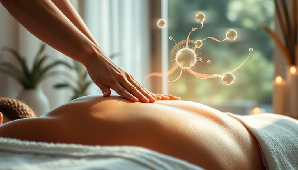 A serene spa-like setting with soft natural lighting illuminating the scene. The foreground features hands massaging the back of a relaxed individual, working to release tension and promote a sense of calm. In the background, visual representations of the "happiness hormones" dopamine, serotonin, and endorphins dance and swirl, symbolizing the physiological effects of the massage. The overall atmosphere is one of tranquility, rejuvenation, and the mind-body connection. A serene spa-like setting with soft natural lighting illuminating the scene. The foreground features hands massaging the back of a relaxed individual, working to release tension and promote a sense of calm. In the background, visual representations of the "happiness hormones" dopamine, serotonin, and endorphins dance and swirl, symbolizing the physiological effects of the massage. The overall atmosphere is one of tranquility, rejuvenation, and the mind-body connection.
