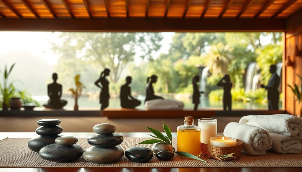 A serene spa setting featuring an array of massage modalities. In the foreground, a collection of massage tools and accessories - smooth river stones, aromatic oils, soft towels, and bamboo stalks. The middle ground showcases the silhouettes of massage techniques, from long flowing strokes to deep tissue kneading. The background depicts a tranquil scene of a secluded garden oasis, with lush greenery and gentle waterfalls. Warm, soft lighting bathes the entire scene, evoking a sense of relaxation and rejuvenation. The overall mood is one of holistic wellness and harmony. A serene spa setting featuring an array of massage modalities. In the foreground, a collection of massage tools and accessories - smooth river stones, aromatic oils, soft towels, and bamboo stalks. The middle ground showcases the silhouettes of massage techniques, from long flowing strokes to deep tissue kneading. The background depicts a tranquil scene of a secluded garden oasis, with lush greenery and gentle waterfalls. Warm, soft lighting bathes the entire scene, evoking a sense of relaxation and rejuvenation. The overall mood is one of holistic wellness and harmony.