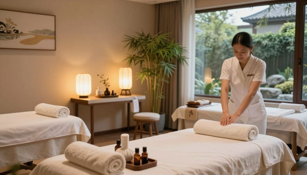 A serene spa setting featuring various massage techniques and types. In the foreground, a beautifully arranged table with fresh towels, essential oils, and massage tools. In the middle ground, an elegant massage room with calming colors, soft lighting emanating from stylish lamps, and bamboo plants providing a touch of nature. The walls are adorned with soothing art, reflecting tranquility. In the background, a large window showcases a peaceful garden view, enhancing the atmosphere of relaxation. The overall mood is calm and inviting, emphasizing the benefits of massage therapy. Soft shadows and warm light create a cozy ambiance, highlighting the professionalism and comfort of a therapeutic environment. No people are present in the scene.