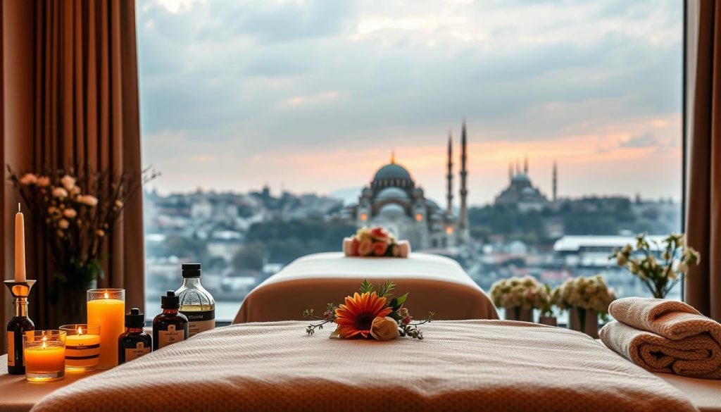 A serene spa setting in Istanbul, featuring a selection of popular massage techniques. The foreground showcases an array of essential oils, candles, and soft towels, creating a calming ambiance. In the middle ground, a luxurious massage table invites visitors to indulge in relaxation, with delicate floral arrangements adorning the space. The background depicts a tranquil cityscape, with the iconic silhouette of the Hagia Sophia and the Blue Mosque visible in the distance, underscoring the city's cultural heritage. Warm, diffused lighting and a neutral color palette evoke a sense of harmony and well-being, perfectly capturing the essence of Istanbul's diverse massage offerings. A serene spa setting in Istanbul, featuring a selection of popular massage techniques. The foreground showcases an array of essential oils, candles, and soft towels, creating a calming ambiance. In the middle ground, a luxurious massage table invites visitors to indulge in relaxation, with delicate floral arrangements adorning the space. The background depicts a tranquil cityscape, with the iconic silhouette of the Hagia Sophia and the Blue Mosque visible in the distance, underscoring the city's cultural heritage. Warm, diffused lighting and a neutral color palette evoke a sense of harmony and well-being, perfectly capturing the essence of Istanbul's diverse massage offerings.