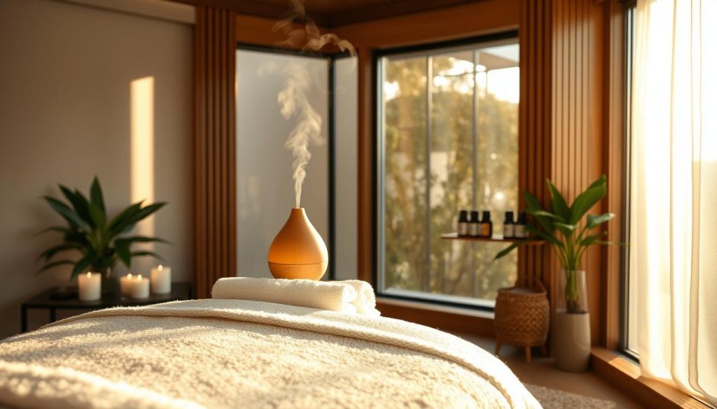 A serene spa setting in Istanbul, showcasing a tranquil massage room adorned with soft, ambient lighting and natural wood accents. In the foreground, a plush massage table draped with a white, fluffy towel invites relaxation, surrounded by calming elements like scented candles, smooth stones, and green indoor plants. The middle view features an inviting aromatherapy diffuser gently releasing wisps of fragrant steam, along with a range of essential oils neatly arranged on a small wooden shelf. In the background, large windows allow soft, golden sunlight to filter in, casting gentle shadows and highlighting the plush decor. The overall mood is peaceful and rejuvenating, evoking a sense of wellness and serenity, perfect for highlighting boutique massage pathways in Istanbul.