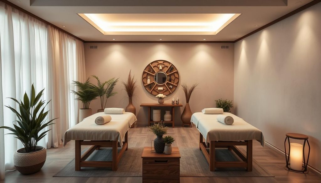 A serene spa setting in the heart of Istanbul, featuring a tranquil massage parlor with plush, elegant decor. Soft, diffused lighting sets a calming ambiance, while potted plants and natural textures create a soothing, organic atmosphere. Wooden massage tables stand ready, surrounded by soothing neutral tones and natural materials. The space exudes a sense of wellness and relaxation, inviting visitors to indulge in the finest massage services Istanbul has to offer.