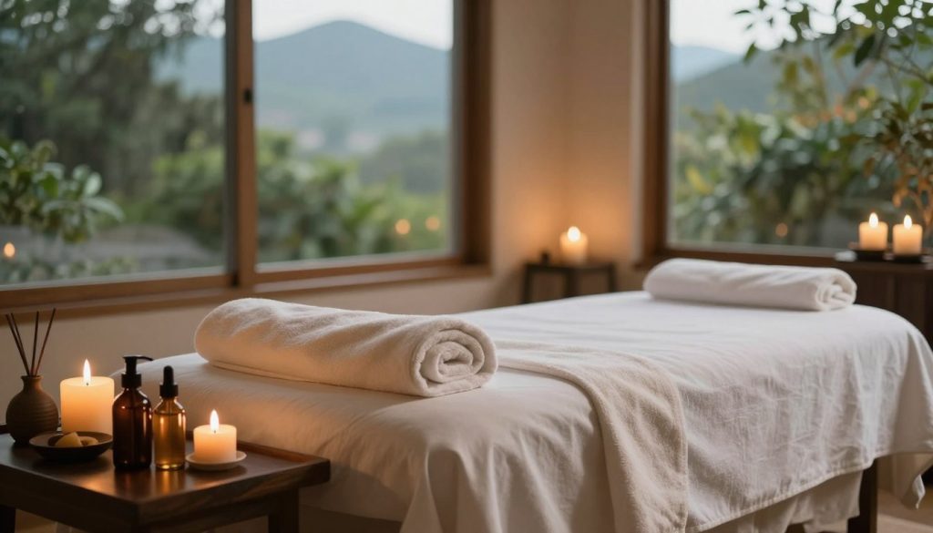 A serene spa setting showcasing a massage therapy room, focusing on a beautifully arranged massage table with soft white linens and gently placed towels. The foreground features massage oils and aromatic candles, softly glowing, creating a calming atmosphere. In the middle, a peaceful backdrop of nature can be seen through large windows, displaying lush greenery and distant mountains under soft, natural lighting. The overall color palette consists of warm earth tones, enhancing the soothing mood of relaxation. The scene conveys a tranquil and therapeutic environment, emphasizing the essence of massage as a vital therapy for muscle and soft tissue relief. The composition should evoke a sense of peace and well-being, inviting viewers into the world of therapeutic massage.