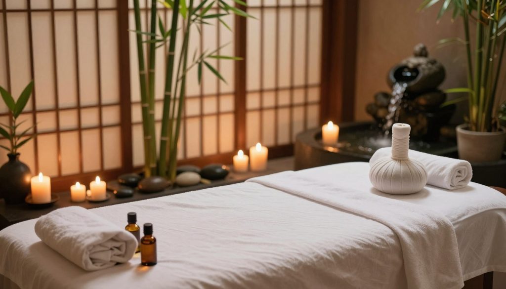 A serene spa setting, showcasing the essence of a Bali, Aroma, and Thai massage experience. In the foreground, a massage table with soft, luxurious cotton sheets, infused with calming essential oils. Surrounding the table, a variety of aromatic candles softly illuminating the scene, casting gentle, flickering light. In the middle ground, elegant bamboo plants and smooth stones enhance the tranquil atmosphere, while a flowing fountain adds the soothing sound of water. In the background, soft light filters through delicate rice paper screens, creating a warm and inviting space. The overall mood is peaceful and rejuvenating, emphasizing relaxation and purity in a natural environment. The image captures the harmonious blend of these massage techniques, inviting viewers into a unique sensory experience.