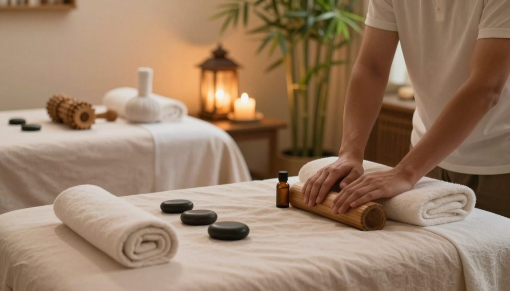 A serene spa setting showcasing various massage techniques. In the foreground, a massage table draped in soft, neutral-toned linens, accompanied by an array of essential oils and stones for therapeutic use. The middle features a beautifully arranged selection of massage tools, including wooden massage rollers and aromatic candles, exuding a calming aroma. In the background, softly glowing lanterns illuminate the space, casting a warm ambiance. Gentle plants like bamboo and lavender add a touch of nature, enhancing the tranquil atmosphere. The overall lighting is soft and diffused, creating a peaceful, inviting mood that reflects relaxation and exploration of different massage styles. The image should evoke a sense of preparation and choice for first-time massage clients.