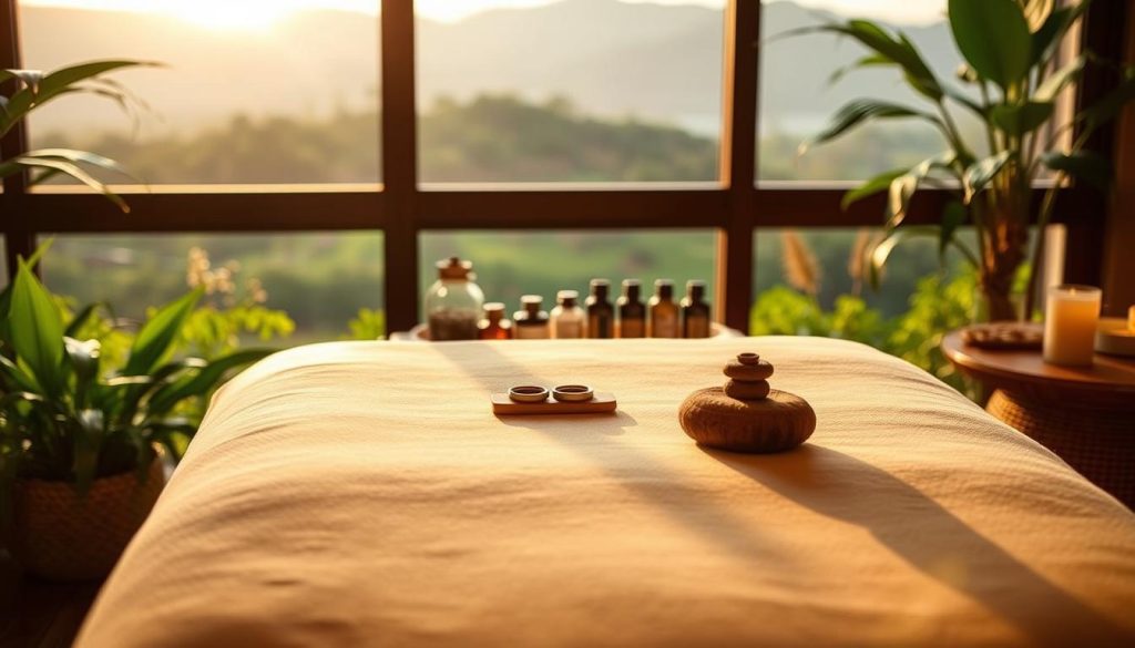 A serene spa setting with a massage table in the foreground, surrounded by lush greenery and natural elements. Soft, warm lighting casts a soothing glow, creating a peaceful, rejuvenating atmosphere. In the middle ground, various massage tools and aromatherapy accessories are neatly arranged, hinting at the restorative treatments available. The background features a panoramic view of a tranquil, natural landscape, evoking a sense of escape and well-being. The overall composition emphasizes the importance of holistic health, wellness, and the therapeutic power of massage.