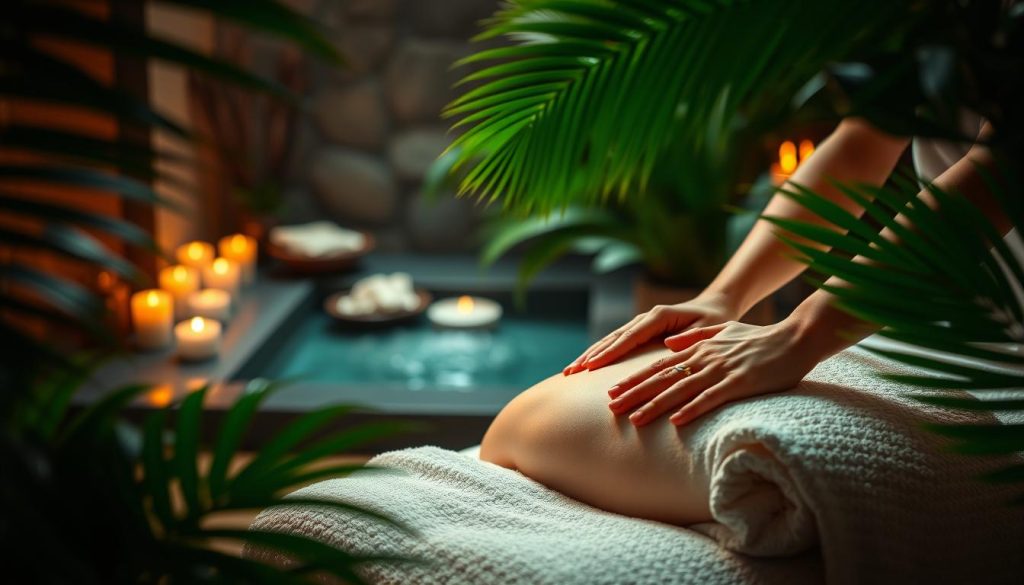 A serene spa setting with a soothing massage therapy experience. A dimly lit room with warm lighting, calming candles, and the gentle flow of water in the background. Soft, plush towels and aromatherapy oils create a sensory-rich environment. The masseuse's skilled hands gently kneading and soothing tense muscles, promoting deep relaxation. Lush tropical greenery frames the scene, transporting the viewer to a tranquil oasis. The overall atmosphere is one of tranquility, rejuvenation, and a deep sense of well-being. A serene spa setting with a soothing massage therapy experience. A dimly lit room with warm lighting, calming candles, and the gentle flow of water in the background. Soft, plush towels and aromatherapy oils create a sensory-rich environment. The masseuse's skilled hands gently kneading and soothing tense muscles, promoting deep relaxation. Lush tropical greenery frames the scene, transporting the viewer to a tranquil oasis. The overall atmosphere is one of tranquility, rejuvenation, and a deep sense of well-being.