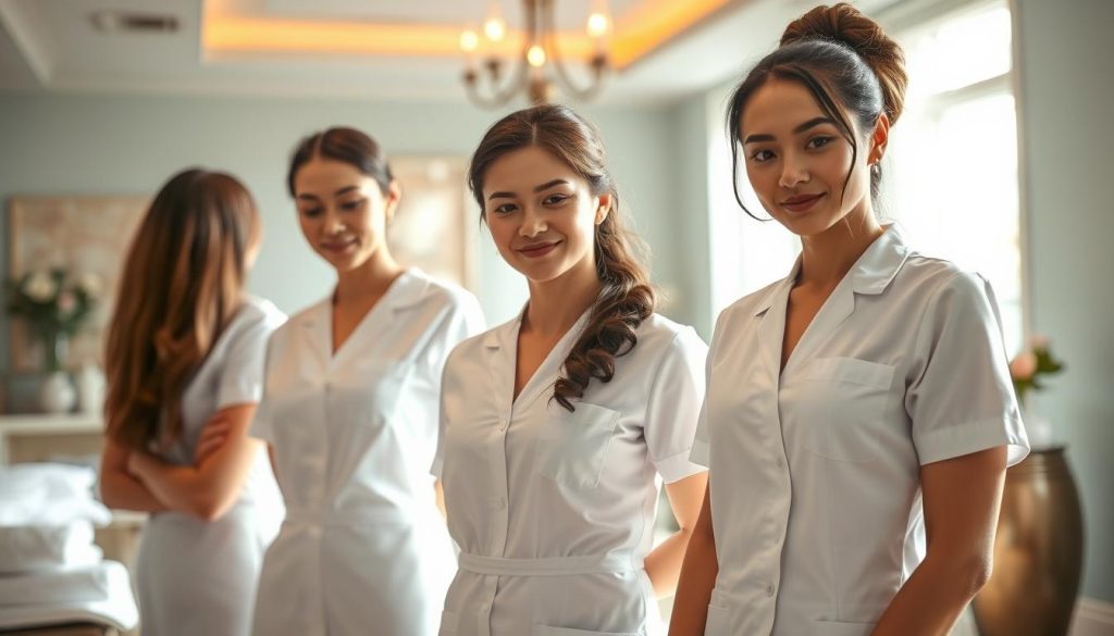 A serene spa setting with a team of professional female massage therapists standing in the foreground, their faces obscured. The therapists wear crisp white uniforms and exude a calming, nurturing presence. Behind them, a tranquil, softly-lit room with soothing pastel walls and elegant decor, conveying a sense of relaxation and rejuvenation. Sunlight filters in through large windows, casting a warm glow over the scene. The overall atmosphere is one of luxurious, high-quality wellness services catered specifically to women's health and wellbeing. A serene spa setting with a team of professional female massage therapists standing in the foreground, their faces obscured. The therapists wear crisp white uniforms and exude a calming, nurturing presence. Behind them, a tranquil, softly-lit room with soothing pastel walls and elegant decor, conveying a sense of relaxation and rejuvenation. Sunlight filters in through large windows, casting a warm glow over the scene. The overall atmosphere is one of luxurious, high-quality wellness services catered specifically to women's health and wellbeing.