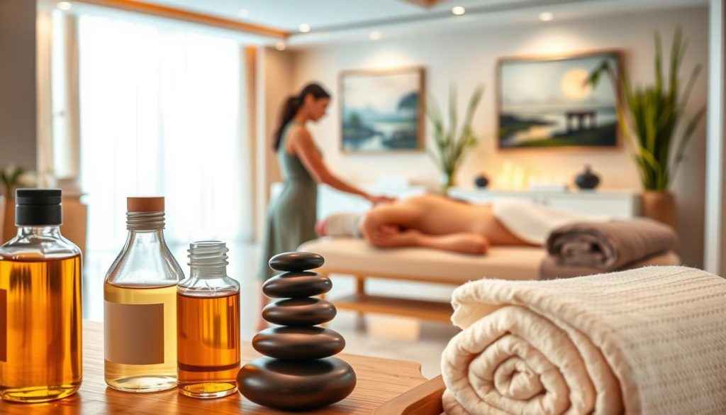 A serene spa setting, with a variety of massage modalities showcased. In the foreground, an array of massage oils, stones, and towels in calming earth tones. The middle ground features a tranquil scene of a masseuse performing a soothing Swedish massage technique on a relaxed client. In the background, an elegant room with soft lighting, bamboo accents, and serene landscape artwork, conveying a sense of relaxation and wellness. The overall mood is one of rejuvenation and harmony, inviting the viewer to imagine the perfect massage experience tailored to their individual needs.