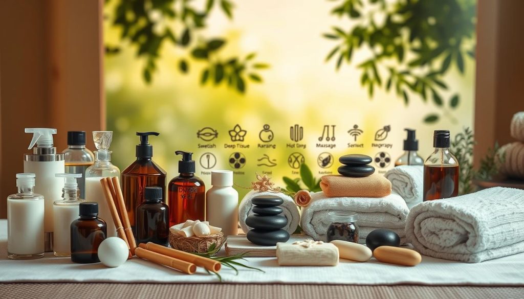 A serene spa setting with a variety of massage therapy tools and techniques arranged in a visually appealing display. Soft lighting illuminates the scene, creating a calming and relaxing atmosphere. The foreground features an assortment of massage oils, lotions, and implements such as bamboo sticks, hot stones, and plush towels. The middle ground showcases different massage modalities like Swedish, deep tissue, and aromatherapy, each represented by a corresponding symbol or icon. The background depicts a tranquil, nature-inspired environment with gentle foliage and soothing colors. The overall composition conveys the diverse range of massage services and the therapeutic benefits they offer. A serene spa setting with a variety of massage therapy tools and techniques arranged in a visually appealing display. Soft lighting illuminates the scene, creating a calming and relaxing atmosphere. The foreground features an assortment of massage oils, lotions, and implements such as bamboo sticks, hot stones, and plush towels. The middle ground showcases different massage modalities like Swedish, deep tissue, and aromatherapy, each represented by a corresponding symbol or icon. The background depicts a tranquil, nature-inspired environment with gentle foliage and soothing colors. The overall composition conveys the diverse range of massage services and the therapeutic benefits they offer.