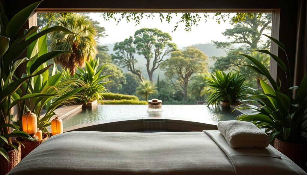 A serene spa setting with lush, verdant plants and soothing natural lighting. A luxurious massage table in the foreground, draped with plush linens and surrounded by essential oil diffusers emitting a calming aroma. In the middle ground, a tranquil water feature with a gently cascading waterfall, its soft sounds creating a peaceful ambiance. The background features a panoramic view of a picturesque garden, with towering trees and a calming color palette of soft greens and natural tones. The overall scene conveys a sense of harmony, rejuvenation, and a high-quality spa wellness experience. A serene spa setting with lush, verdant plants and soothing natural lighting. A luxurious massage table in the foreground, draped with plush linens and surrounded by essential oil diffusers emitting a calming aroma. In the middle ground, a tranquil water feature with a gently cascading waterfall, its soft sounds creating a peaceful ambiance. The background features a panoramic view of a picturesque garden, with towering trees and a calming color palette of soft greens and natural tones. The overall scene conveys a sense of harmony, rejuvenation, and a high-quality spa wellness experience.