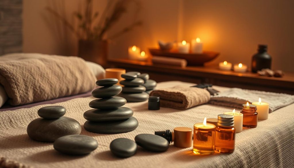 A serene spa setting with various massage modalities and tools displayed. Soft, warm lighting casts a tranquil glow, highlighting the diverse array of massage techniques. Plush, inviting textures and muted tones create a soothing ambiance. Prominently featured are massage stones, essential oils, and other therapeutic implements, conveying the range of specialized massages available. The composition emphasizes the focus on personalized, holistic wellness, encouraging the viewer to consider which massage style would best suit their needs. A serene spa setting with various massage modalities and tools displayed. Soft, warm lighting casts a tranquil glow, highlighting the diverse array of massage techniques. Plush, inviting textures and muted tones create a soothing ambiance. Prominently featured are massage stones, essential oils, and other therapeutic implements, conveying the range of specialized massages available. The composition emphasizes the focus on personalized, holistic wellness, encouraging the viewer to consider which massage style would best suit their needs.