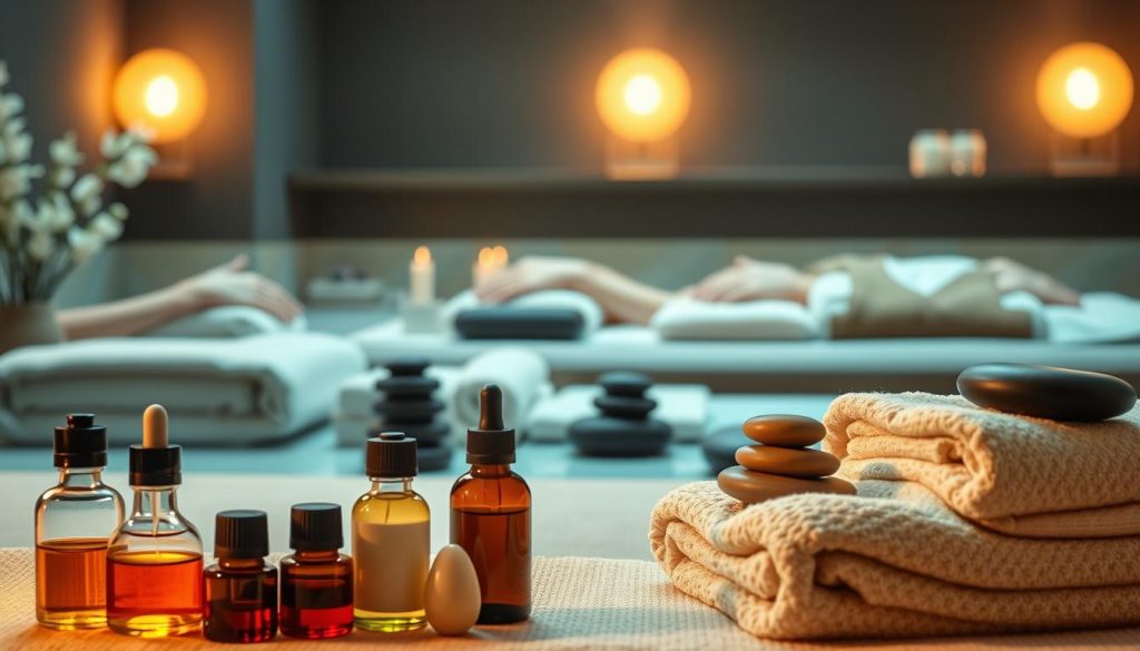 A serene spa setting with various massage modalities showcased. In the foreground, a collection of essential oils, massage stones, and plush towels set the stage. The middle ground depicts a range of massage techniques, from deep tissue to hot stone, each with its own distinct hand positions and techniques. The background features a tranquil, dimly lit environment with soothing music playing, creating a calming ambiance. The lighting is soft and warm, casting a gentle glow across the scene. The overall composition conveys a sense of relaxation and rejuvenation, inviting the viewer to immerse themselves in the art of massage. A serene spa setting with various massage modalities showcased. In the foreground, a collection of essential oils, massage stones, and plush towels set the stage. The middle ground depicts a range of massage techniques, from deep tissue to hot stone, each with its own distinct hand positions and techniques. The background features a tranquil, dimly lit environment with soothing music playing, creating a calming ambiance. The lighting is soft and warm, casting a gentle glow across the scene. The overall composition conveys a sense of relaxation and rejuvenation, inviting the viewer to immerse themselves in the art of massage.
