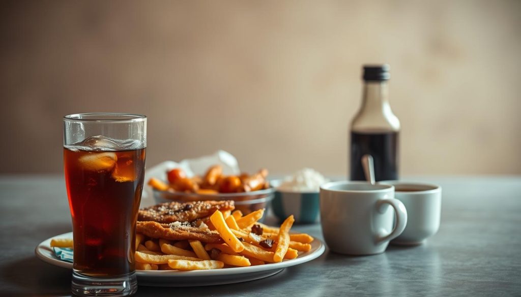 A serene still life featuring an assortment of foods and drinks to be avoided after a relaxing massage. In the foreground, a glass of soda and a plate of greasy fast food stand out against a muted background. In the middle ground, a pile of spicy snacks and a mug of hot coffee hint at stimulants to be sidestepped. The background softly fades into a tranquil setting, devoid of any distractions, emphasizing the importance of nourishing the body post-massage. Captured with a warm, natural lighting and a slightly soft, dreamy lens to convey a sense of calm and mindfulness. The overall mood is one of thoughtful consideration, guiding the viewer towards healthful post-massage recovery.