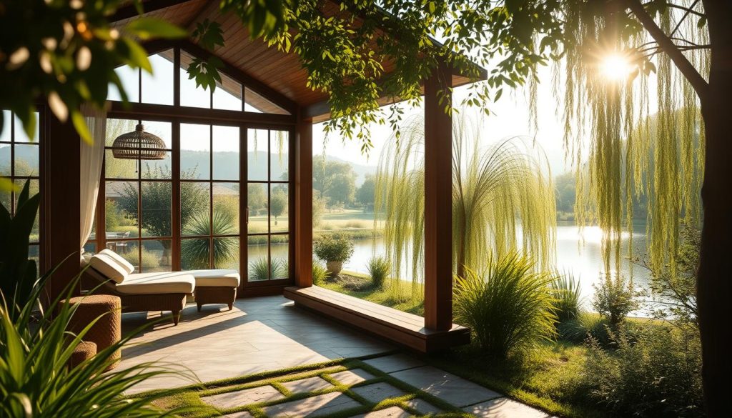 A serene, sun-dappled garden setting with a cozy, well-appointed spa pavilion nestled among lush greenery. The pavilion's large, picture windows offer panoramic views of a tranquil pond and swaying willow trees. Soft, diffused natural lighting creates a calming, rejuvenating atmosphere. The scene evokes a sense of escape, relaxation, and holistic wellness, with no human figures present - just the peaceful, restorative ambiance of a sağlıklı yaşam, or healthy living, sanctuary. A serene, sun-dappled garden setting with a cozy, well-appointed spa pavilion nestled among lush greenery. The pavilion's large, picture windows offer panoramic views of a tranquil pond and swaying willow trees. Soft, diffused natural lighting creates a calming, rejuvenating atmosphere. The scene evokes a sense of escape, relaxation, and holistic wellness, with no human figures present - just the peaceful, restorative ambiance of a sağlıklı yaşam, or healthy living, sanctuary.