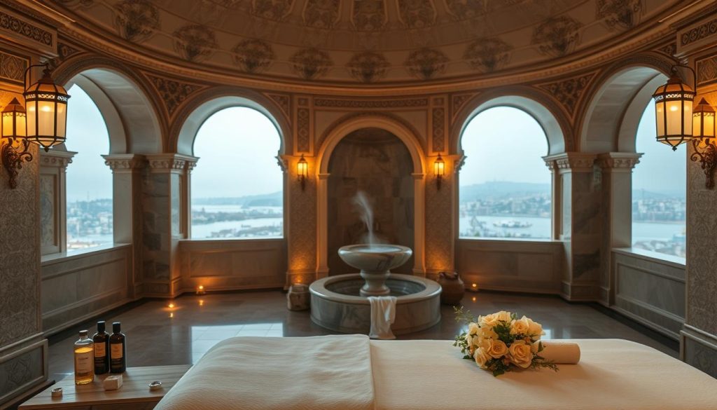A serene, sunlit Turkish bath (Türk hamamı) with ornate domed ceilings, intricate tile work, and glowing lanterns casting a warm glow. In the foreground, a luxurious modern spa treatment table, with delicate floral arrangements, bottles of fragrant oils, and soft textiles. The middle ground features a traditional marble fountain and basin, steam rising gently. The background showcases a panoramic view of the Bosphorus, the iconic Istanbul skyline in the distance. Soft, diffused lighting creates an atmosphere of tranquility and restoration, blending ancient tradition with contemporary wellness. A serene, sunlit Turkish bath (Türk hamamı) with ornate domed ceilings, intricate tile work, and glowing lanterns casting a warm glow. In the foreground, a luxurious modern spa treatment table, with delicate floral arrangements, bottles of fragrant oils, and soft textiles. The middle ground features a traditional marble fountain and basin, steam rising gently. The background showcases a panoramic view of the Bosphorus, the iconic Istanbul skyline in the distance. Soft, diffused lighting creates an atmosphere of tranquility and restoration, blending ancient tradition with contemporary wellness.