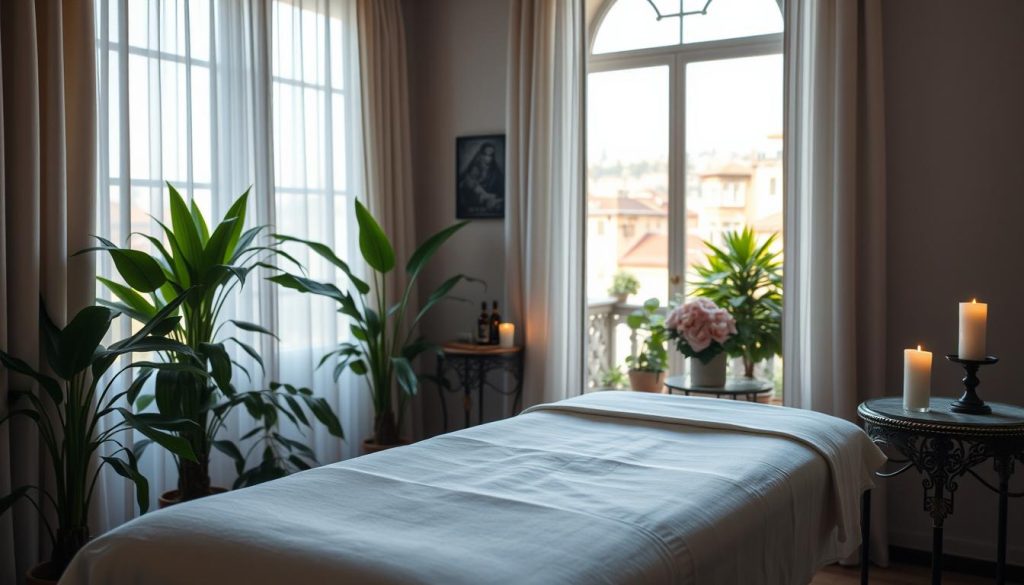 A serene, sunlit interior space in Istanbul, showcasing an indulgent morning massage experience. The scene features a cozy, dimly lit treatment room with plush linens, soft lighting, and the gentle glow of candles. In the foreground, an ornate massage table stands ready, accompanied by elegant side tables bearing aromatic oils and relaxing accoutrements. The middle ground reveals lush, verdant plants and traditional Turkish decor, creating a calming, spa-like ambiance. The background is filled with the warm, muted tones of the historic architecture, hinting at the rich cultural heritage of the city. An atmosphere of tranquility and rejuvenation permeates the space, inviting the viewer to imagine the restorative power of a soothing, personalized massage session to start the day.
