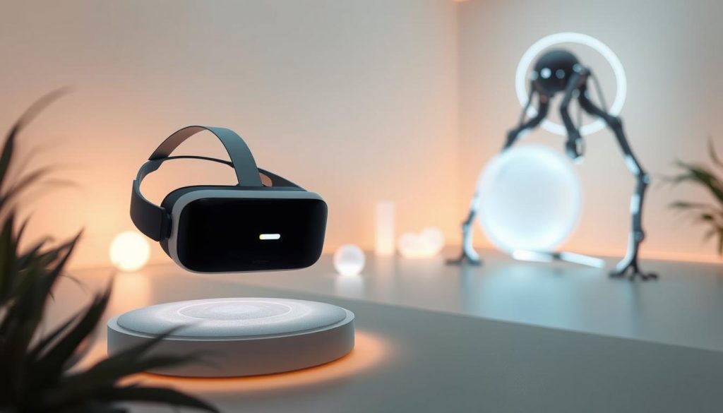 A serene, tech-infused wellness oasis. In the foreground, a sleek, minimalist VR headset hovers above a muted, holographic wellness patch. Glowing, organic shapes in the middle ground emanate a soothing, calming energy, while in the background, a futuristic, biomorphic exoskeleton wraps around the scene, pulsing with subtle, ambient lighting. The atmosphere is one of tranquility and balance, where cutting-edge technology seamlessly integrates with natural, holistic wellness practices. Soft, diffused lighting casts a gentle, therapeutic glow, creating an immersive, meditative experience.