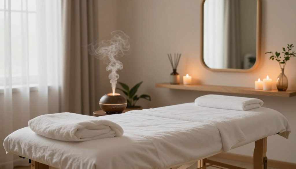 A serene therapy room designed for a massage therapist, featuring soft, neutral tones and soothing wooden accents. In the foreground, a comfortable massage table adorned with clean, fluffy linens awaits a client. A professional-grade essential oil diffuser emits a gentle mist, while a set of calming candles flickers softly on a nearby shelf. In the middle ground, a wall-mounted mirror reflects the tranquil atmosphere, surrounded by small indoor plants for a touch of nature. The background showcases a softly lit window with sheer curtains, allowing warm natural light to filter in, enhancing the inviting ambiance. The overall mood is peaceful and professional, emphasizing relaxation and healing in a therapy-focused environment.