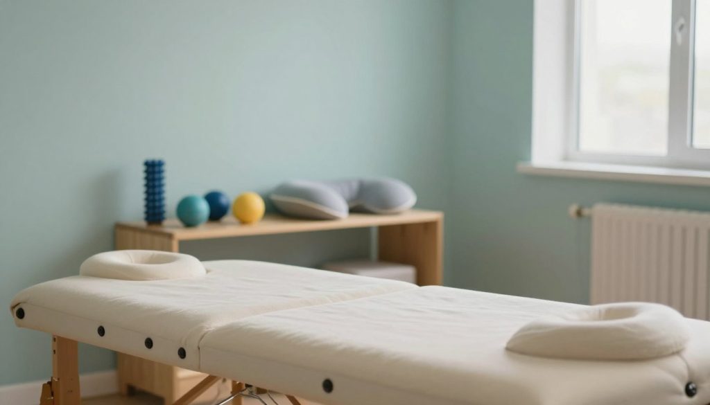 A serene therapy room designed for cervical manual therapy, featuring a massage table in the foreground with soft, plush linens. In the middle, a set of well-organized therapy tools, such as massage balls and cervical pillows, placed neatly on a wooden shelf. The background shows a soft-lit ambiance with calming colors, such as light blues and greens, and windows allowing natural light to filter in. The overall atmosphere conveys tranquility and professionalism. Use soft, warm lighting to enhance the peaceful setting, creating a mood that suggests trust and healing. The composition should emphasize the comfort and therapeutic aspects of the space, without any human figures present.
