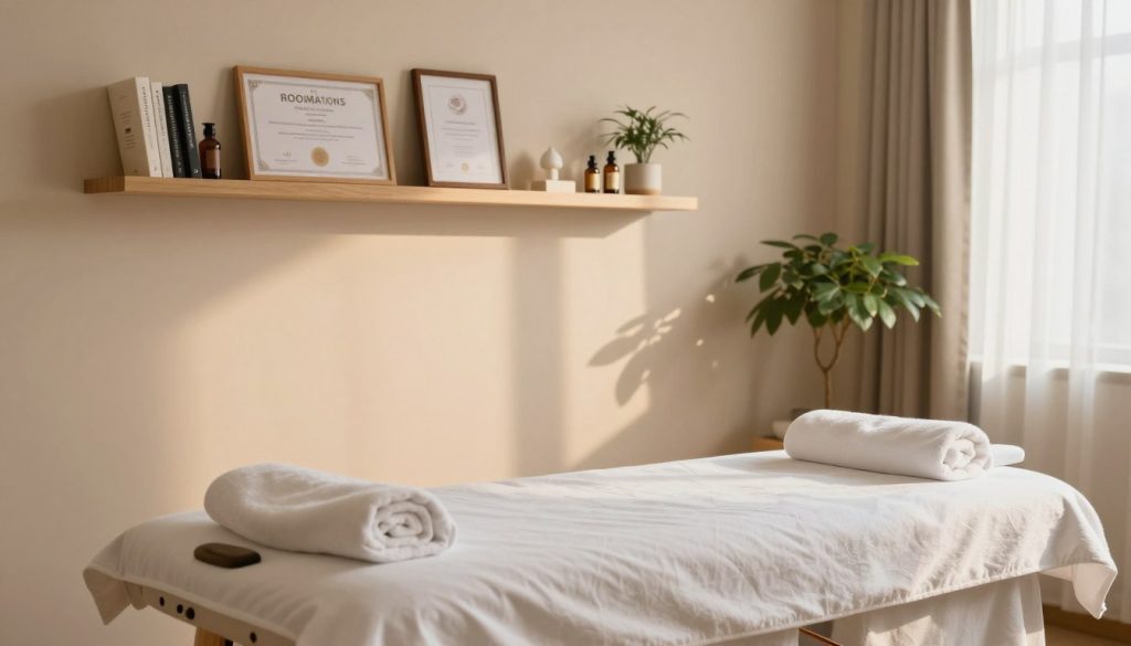 A serene, tranquil therapy room in a professional massage clinic, showcasing an elegantly arranged space. In the foreground, a neatly made massage table with clean linens and calming decorative elements like soft towels and essential oil bottles. The middle layer includes a tastefully decorated wall with framed certificates and a shelf featuring holistic therapy books, conveying professionalism. In the background, gentle lighting creates a warm ambiance, with soft shadows enhancing the inviting atmosphere. A potted plant adds a touch of life to the corner, while sheer curtains diffuse natural light, casting a peaceful glow. The overall mood is calming and reassuring, emphasizing the importance of expert selection in the therapeutic process.