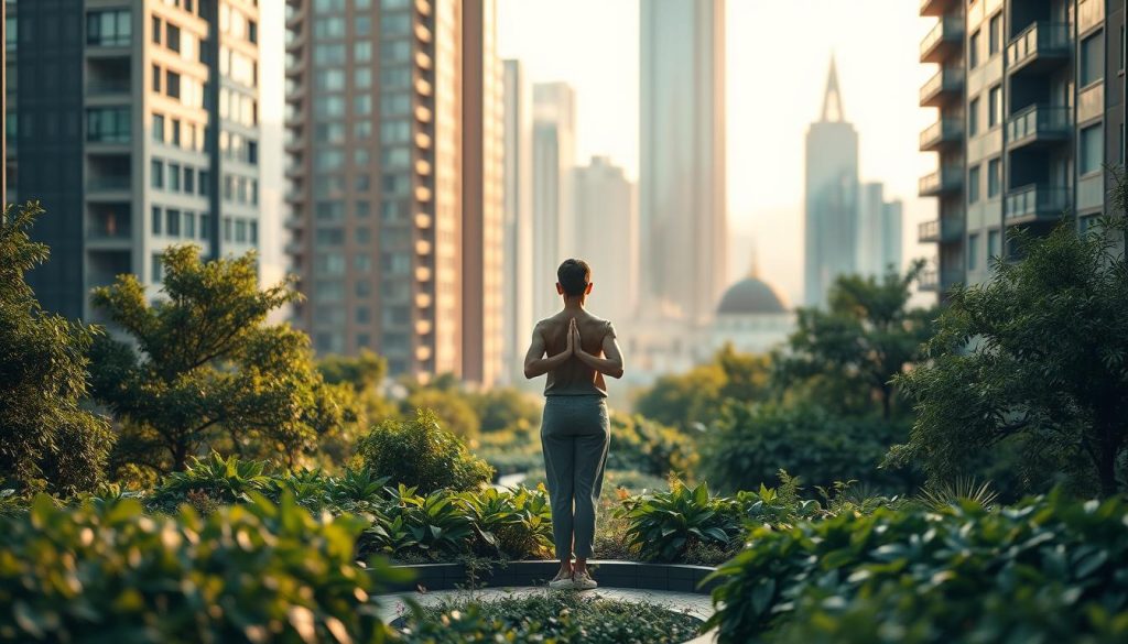 A serene urban oasis where the rhythm of the city meets the tranquility of the mind. A figure stands amidst a lush, verdant garden, surrounded by the towering skyscrapers of Istanbul. Soft, diffused lighting casts a warm glow, creating a sense of balance and harmony. The figure is in a state of deep contemplation, their posture embodying the integration of body and spirit. The background features a blurred, impressionistic cityscape, suggesting the coexistence of the bustling metropolis and the personal sanctuary. This image evokes the idea of finding respite and rejuvenation within the dynamic pulse of the urban landscape. A serene urban oasis where the rhythm of the city meets the tranquility of the mind. A figure stands amidst a lush, verdant garden, surrounded by the towering skyscrapers of Istanbul. Soft, diffused lighting casts a warm glow, creating a sense of balance and harmony. The figure is in a state of deep contemplation, their posture embodying the integration of body and spirit. The background features a blurred, impressionistic cityscape, suggesting the coexistence of the bustling metropolis and the personal sanctuary. This image evokes the idea of finding respite and rejuvenation within the dynamic pulse of the urban landscape.