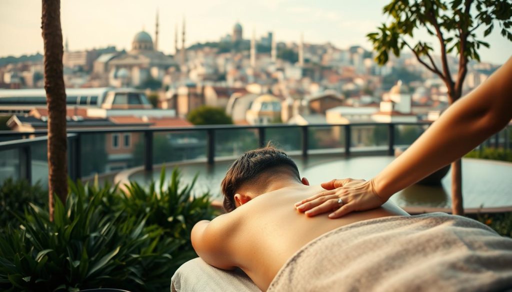 A serene urban scene of Istanbul, Turkey, where a person is receiving a relaxing massage in a tranquil outdoor setting. The foreground depicts the massage therapist's skilled hands kneading the client's shoulders, surrounded by lush greenery and a calming water feature. The middle ground showcases the client's peaceful expression, as they unwind and experience the restorative benefits of the massage. In the background, the iconic cityscape of Istanbul's historic buildings and landmarks creates a visually striking and harmonious environment, conveying a sense of balance and well-being. The lighting is soft and diffused, adding to the soothing atmosphere, captured through a warm, cinematic lens.