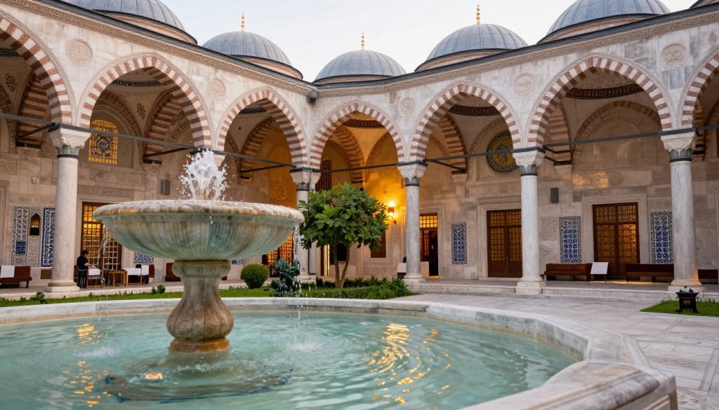 A serene view of Hürrem Sultan Hamamı, showcasing its stunning Ottoman architectural features, including intricate stone carvings and large, domed ceilings. In the foreground, elegant marble fountains with rippling water reflect soft, ambient light. The middle ground highlights the luxurious interior, adorned with ornate mosaics and warm, inviting colors. The background reveals a tranquil garden setting, featuring lush greenery and traditional Turkish tiles. The scene is bathed in soft, warm lighting, creating a peaceful and relaxing atmosphere, ideal for a massage retreat. The composition emphasizes the grandeur of the hamam alongside the ambiance of a premier massage center in Istanbul, inviting patrons to experience relaxation and tranquility.