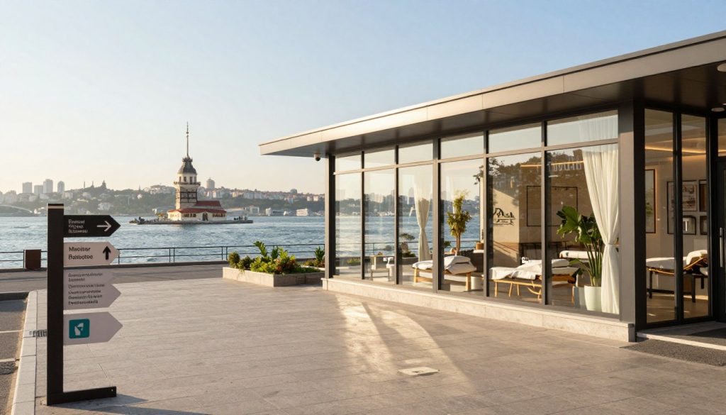 A serene view of a modern urban setting in Üsküdar, highlighting easy accessibility and convenience for professional massage services. In the foreground, include well-maintained pavements with directional signage guiding to wellness centers. The middle ground features a sleek, contemporary massage clinic with large glass windows, reflecting the vibrant city life outside. The background showcases iconic Üsküdar landmarks, like the Maiden's Tower, under a bright, sunny sky, enhancing the inviting atmosphere. Soft, natural lighting casts a warm glow, conveying a sense of relaxation and tranquility. Use a wide-angle lens to capture the essence of location and transport connections, emphasizing the accessibility of this wellness hub.
